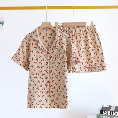 Καλοκαίρι/Φθινόπωρο Strawberry Print Γυναικείες πιτζάμες βαμβακερές κρεπ κοντομάνικο σορτς κοστούμια πέτο Χαριτωμένα χαλαρά άνετα ρούχα για το σπίτι