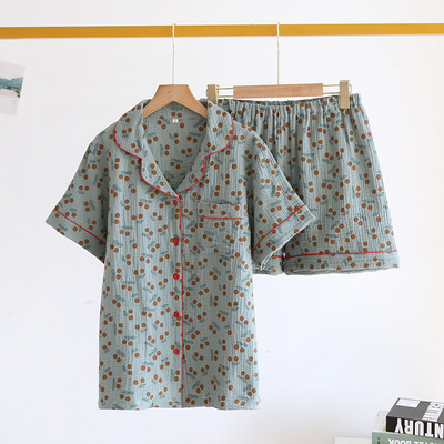 Καλοκαίρι/Φθινόπωρο Strawberry Print Γυναικείες πιτζάμες βαμβακερές κρεπ κοντομάνικο σορτς κοστούμια πέτο Χαριτωμένα χαλαρά άνετα ρούχα για το σπίτι