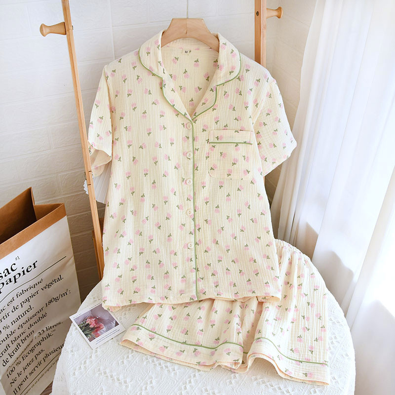 Καλοκαίρι/Φθινόπωρο Strawberry Print Γυναικείες πιτζάμες βαμβακερές κρεπ κοντομάνικο σορτς κοστούμια πέτο Χαριτωμένα χαλαρά άνετα ρούχα για το σπίτι