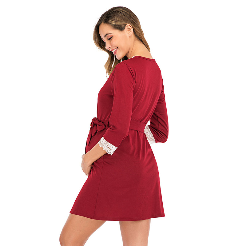 Kismama hálóing nyári csipke V-nyakú otthoni szabadidő ruhák női öves hálóing bő pizsama szoknya terhes ruhához 6081