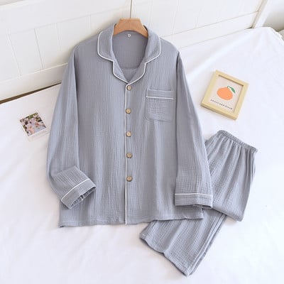 2023 Spring Autumn Lovers 100% Crepe Cotton Ζευγάρια σε μονόχρωμο ιαπωνικό στυλ Σετ Πιτζάμες Ολόσωμο + Παντελόνι 2 τμχ Μαλακά ρούχα για το σπίτι