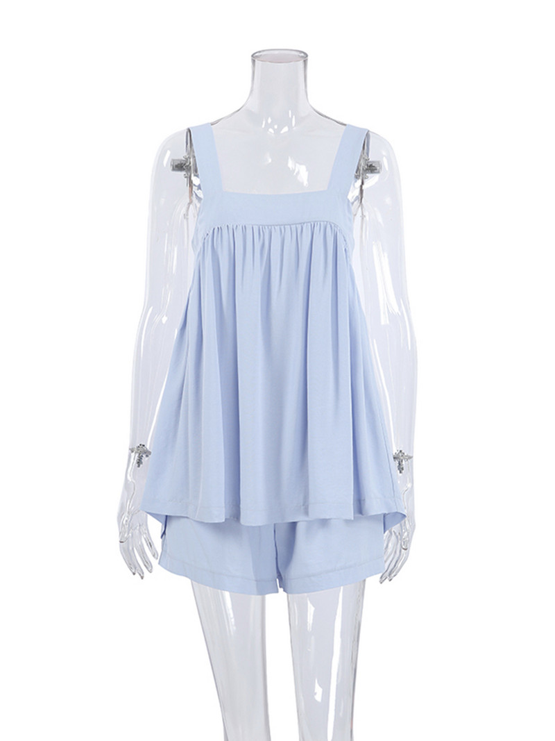 Linad pijamale largi pentru femei Seturi de 2 piese Maiou albastru fără mâneci Costume pentru femei casual acasă cu pantaloni scurți Lenjerie de noapte de primăvară 2023