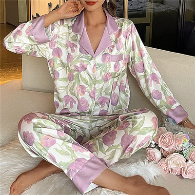 Naiste pidžaamakomplekt V kaelusega Luksuslik Cross Print Magusad magamisriided Siid nagu koduriided Suured Öörõivad