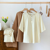 Άνοιξη Καλοκαίρι Νέο Γυναικείο Σετ Πιτζάμες 100% Βαμβακερό κρεπ Παντελόνι 3/4 μανίκια μέχρι τη γάμπα Παντελόνι δύο τεμαχίων πουά Cute Home Wear Thin Set