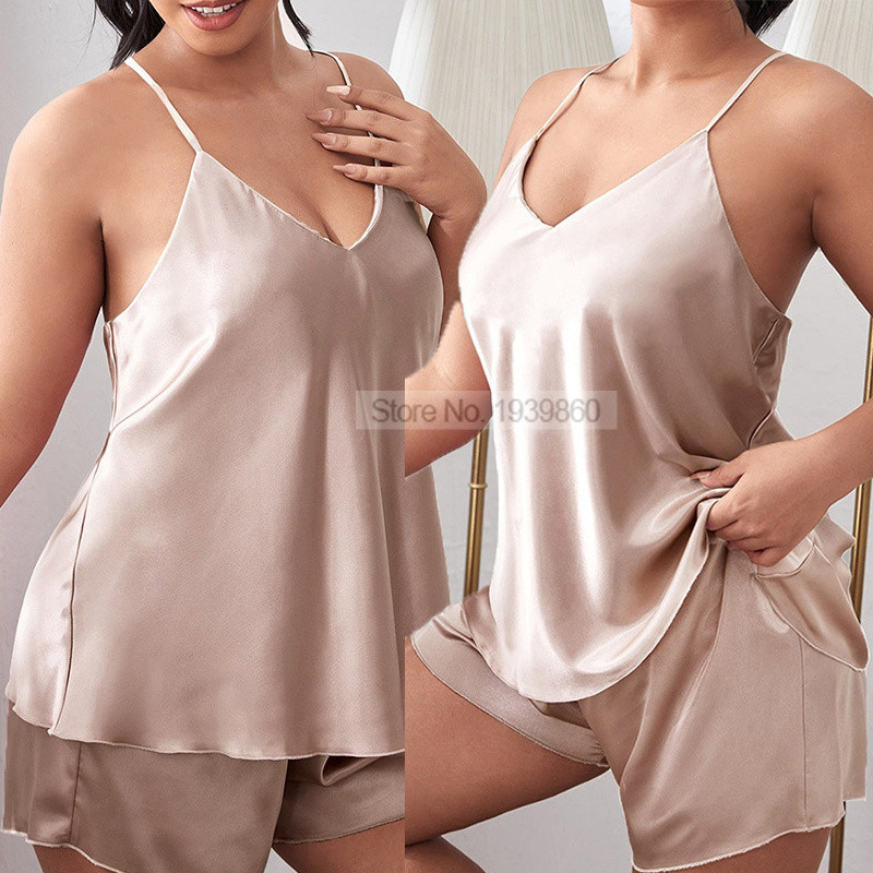 Dámske pyžamo, veľká veľkosť 3XL-5XL, nočné prádlo s výstrihom do V a ramienkami, letné sexy pyžamo, voľné spoločenské oblečenie s kraťasmi