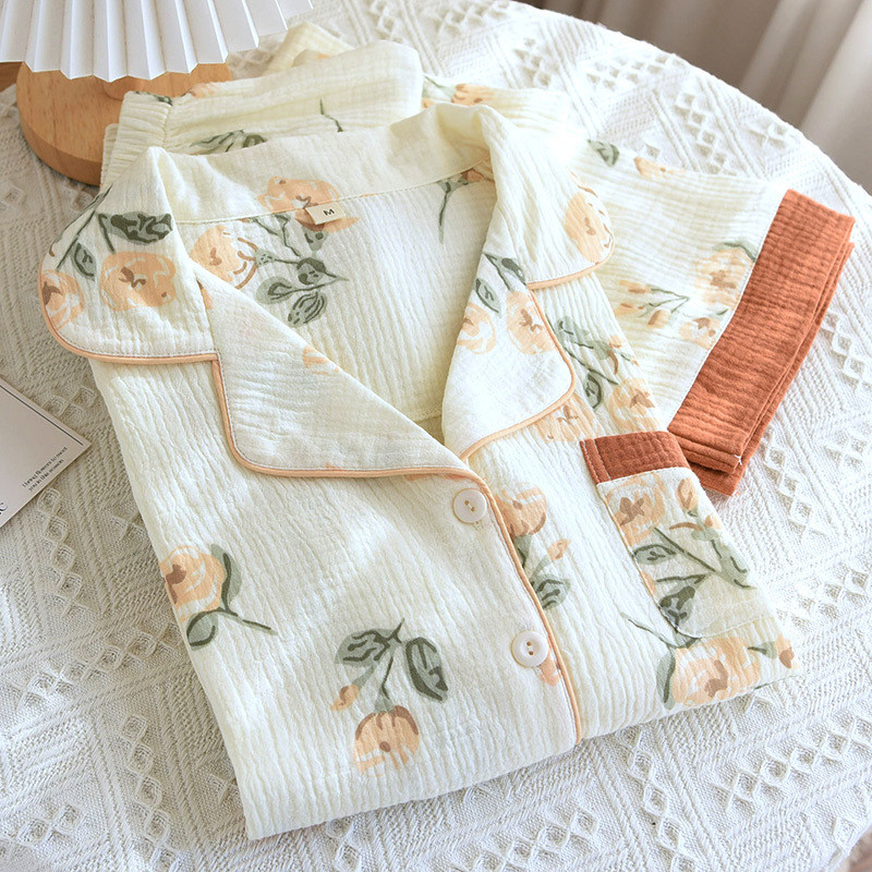 2023 Νέα Άνοιξη Καλοκαίρι Γυναικεία χαριτωμένα μακρυμάνικα παντελόνια με εμπριμέ καμέλια σετ πιτζάμες Λεπτό βαμβακερό κρεπ 2 τμχ Γυναικεία υπνοδωμάτια