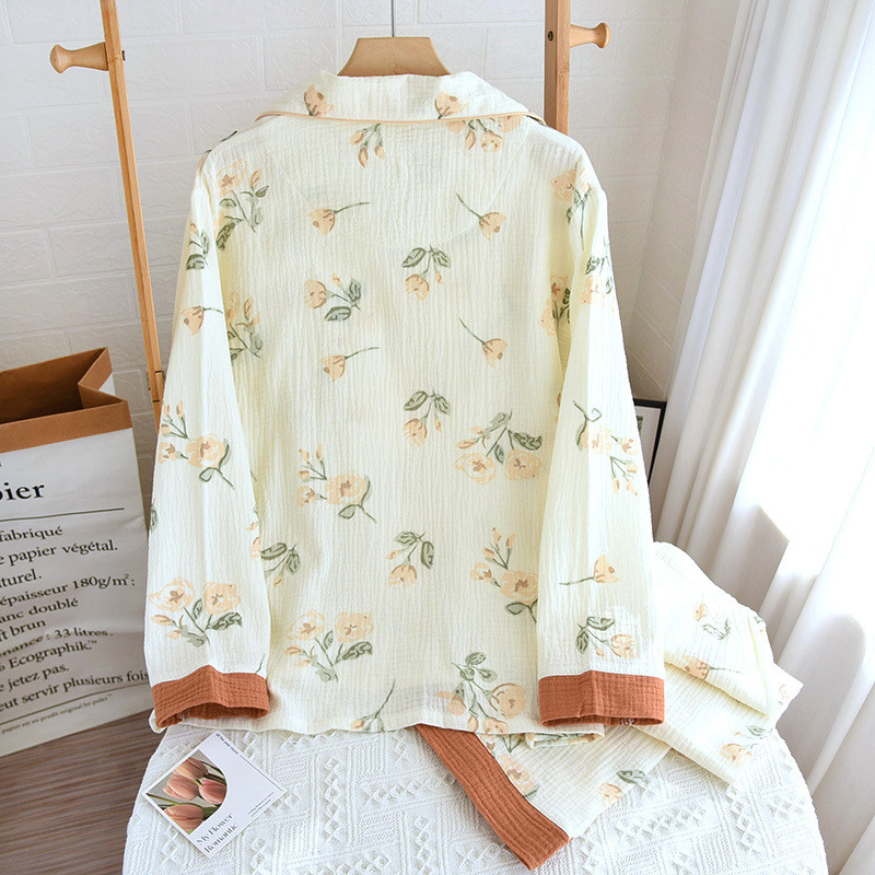 2023 Νέα Άνοιξη Καλοκαίρι Γυναικεία χαριτωμένα μακρυμάνικα παντελόνια με εμπριμέ καμέλια σετ πιτζάμες Λεπτό βαμβακερό κρεπ 2 τμχ Γυναικεία υπνοδωμάτια