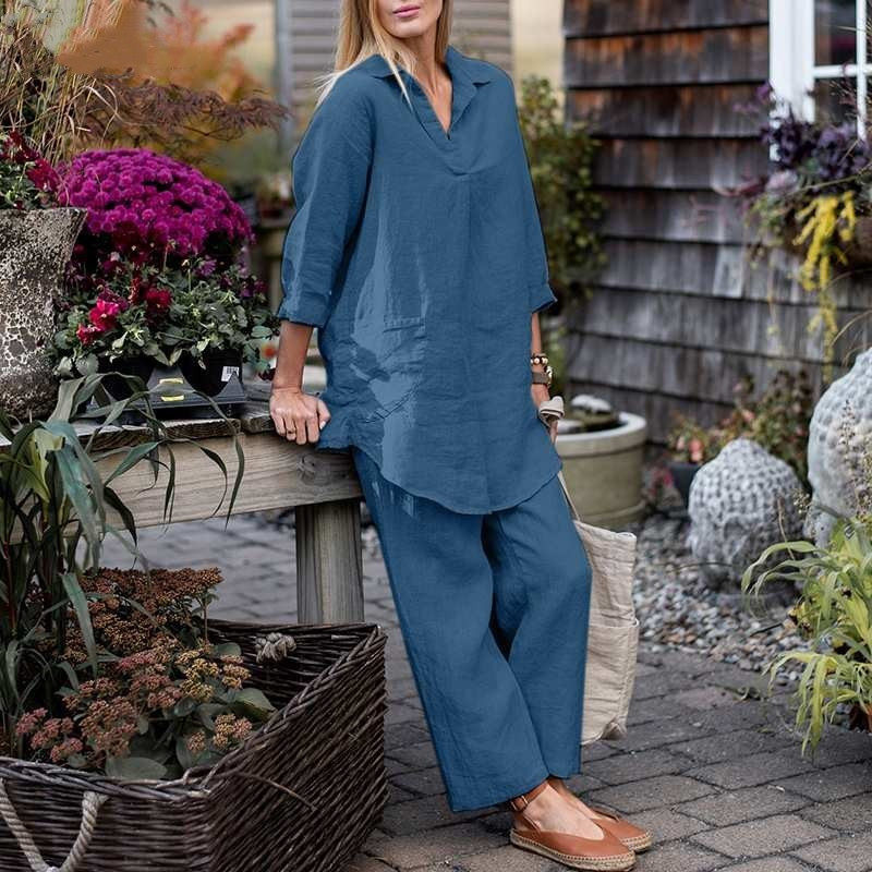 Puuvillane linane rasedate pluus särk, pükskostüüm, vabaaja naiste pikkade varrukatega pluus, pullover top särk Kaheosaline puhkuseriietus