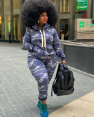 Set de îmbrăcăminte casual de mărime plus, de toamnă și iarnă pentru femei, de mărime plus, cu imprimeu camo cu mânecă lungă, cu șnur și haine de jogging