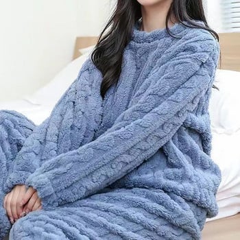 Есенни дамски плътни топли комплекти от 2 части Уплътнен кадифен комплект от оребрен полар Пуловер и панталони Дамски ежедневни комплекти пижами 2023