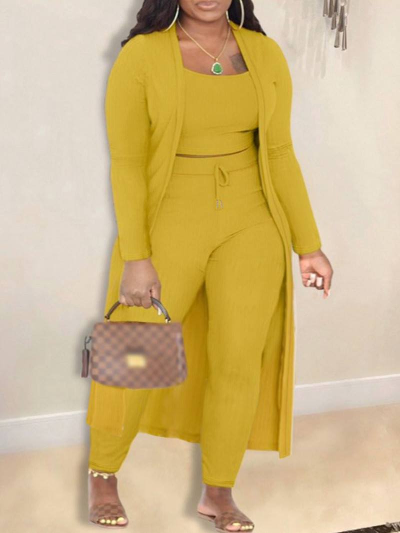 LW Plus Size Toamna Ținute pentru femei Casual Fashion Tricot cu nervuri Unii Snur Mâneci lungi Set pantaloni trei piese