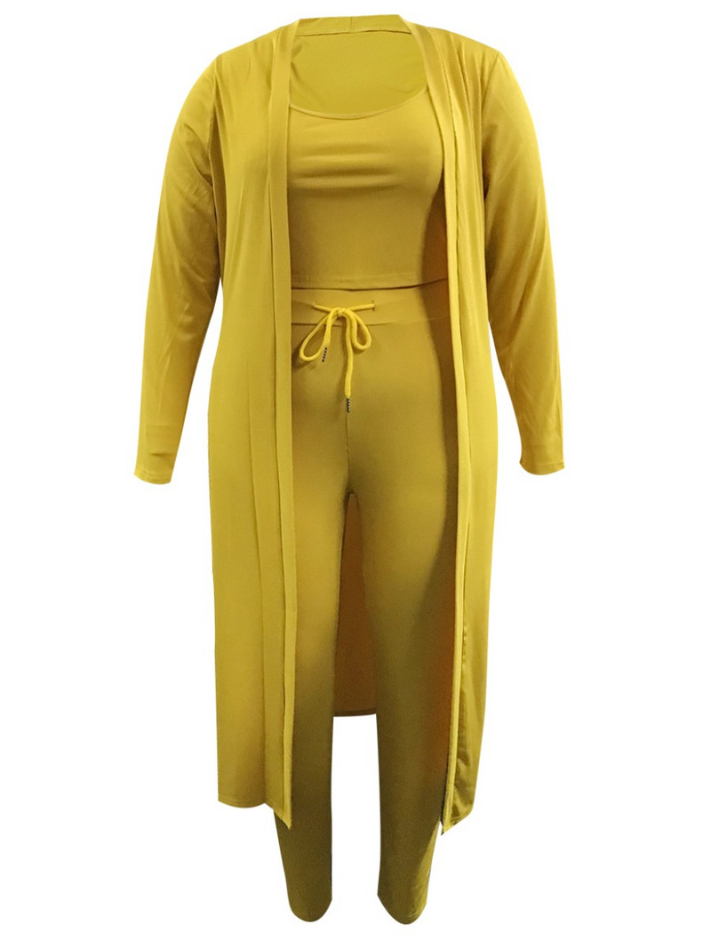 LW Plus Size Toamna Ținute pentru femei Casual Fashion Tricot cu nervuri Unii Snur Mâneci lungi Set pantaloni trei piese