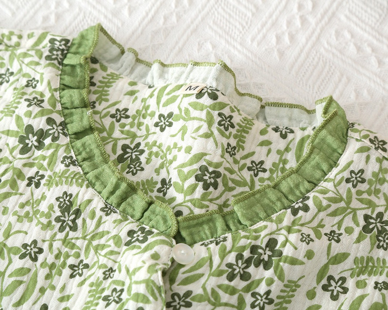 Πυτζάμες με μακρύ μανίκι από βαμβακερό νήμα κιμονό με λαιμόκοψη με λαιμόκοψη Πράσινα λουλούδια εκτύπωση με λαιμόκοψη Δαντέλα Γυναικεία σαλονάκια 2 τεμαχίων ιαπωνικού στυλ