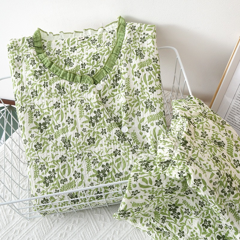 Πυτζάμες με μακρύ μανίκι από βαμβακερό νήμα κιμονό με λαιμόκοψη με λαιμόκοψη Πράσινα λουλούδια εκτύπωση με λαιμόκοψη Δαντέλα Γυναικεία σαλονάκια 2 τεμαχίων ιαπωνικού στυλ