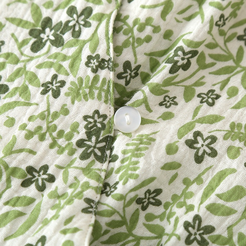 Πυτζάμες με μακρύ μανίκι από βαμβακερό νήμα κιμονό με λαιμόκοψη με λαιμόκοψη Πράσινα λουλούδια εκτύπωση με λαιμόκοψη Δαντέλα Γυναικεία σαλονάκια 2 τεμαχίων ιαπωνικού στυλ