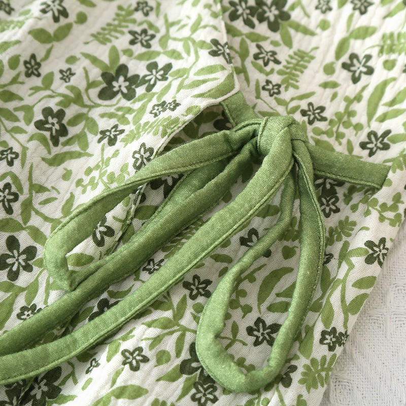 Πυτζάμες με μακρύ μανίκι από βαμβακερό νήμα κιμονό με λαιμόκοψη με λαιμόκοψη Πράσινα λουλούδια εκτύπωση με λαιμόκοψη Δαντέλα Γυναικεία σαλονάκια 2 τεμαχίων ιαπωνικού στυλ