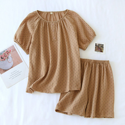 Καλοκαιρινό νέο σετ γυναικείων πιτζάμες ιαπωνικού στιλ με κοντό μανίκι με κουκκίδα με στάμπα σε λαιμόκοψη Γυναικεία Comfort Crepe Cotton Ενδύματα σπιτιού