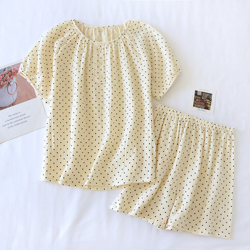 Καλοκαιρινό νέο σετ γυναικείων πιτζάμες ιαπωνικού στιλ με κοντό μανίκι με κουκκίδα με στάμπα σε λαιμόκοψη Γυναικεία Comfort Crepe Cotton Ενδύματα σπιτιού