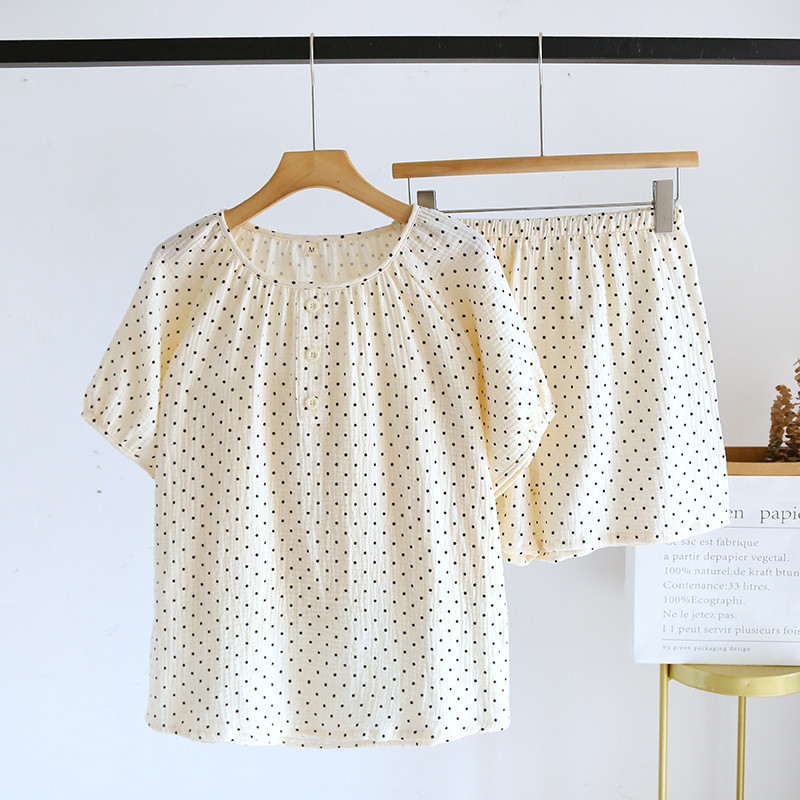 Καλοκαιρινό νέο σετ γυναικείων πιτζάμες ιαπωνικού στιλ με κοντό μανίκι με κουκκίδα με στάμπα σε λαιμόκοψη Γυναικεία Comfort Crepe Cotton Ενδύματα σπιτιού