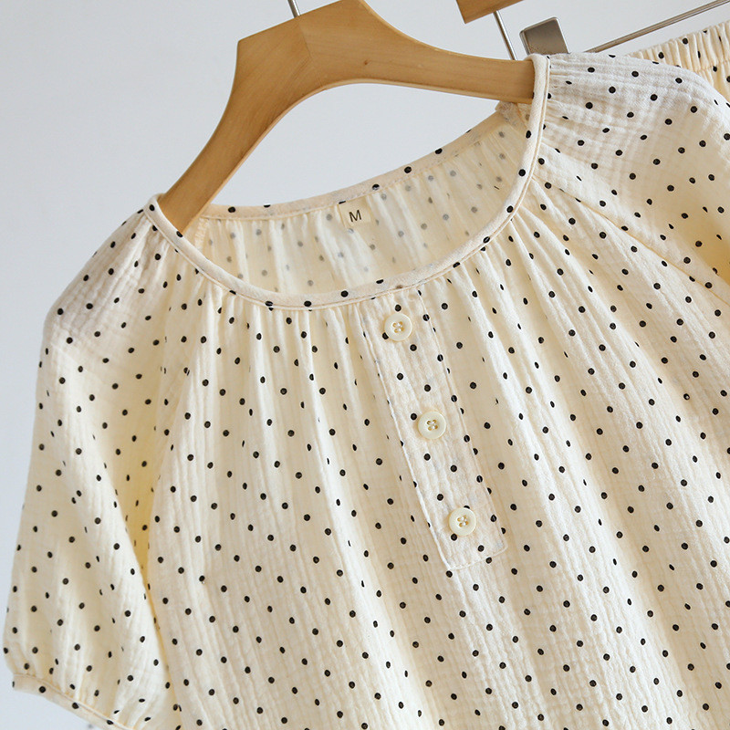 Καλοκαιρινό νέο σετ γυναικείων πιτζάμες ιαπωνικού στιλ με κοντό μανίκι με κουκκίδα με στάμπα σε λαιμόκοψη Γυναικεία Comfort Crepe Cotton Ενδύματα σπιτιού