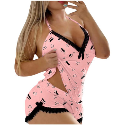 Set de pijamale cu imprimeu leopard pentru femei, dantela sexy, cu decolteu în V adânc, lenjerie, set scurt, costum de pijama, lenjerie de dormit, lenjerie de dantelă, pijamale