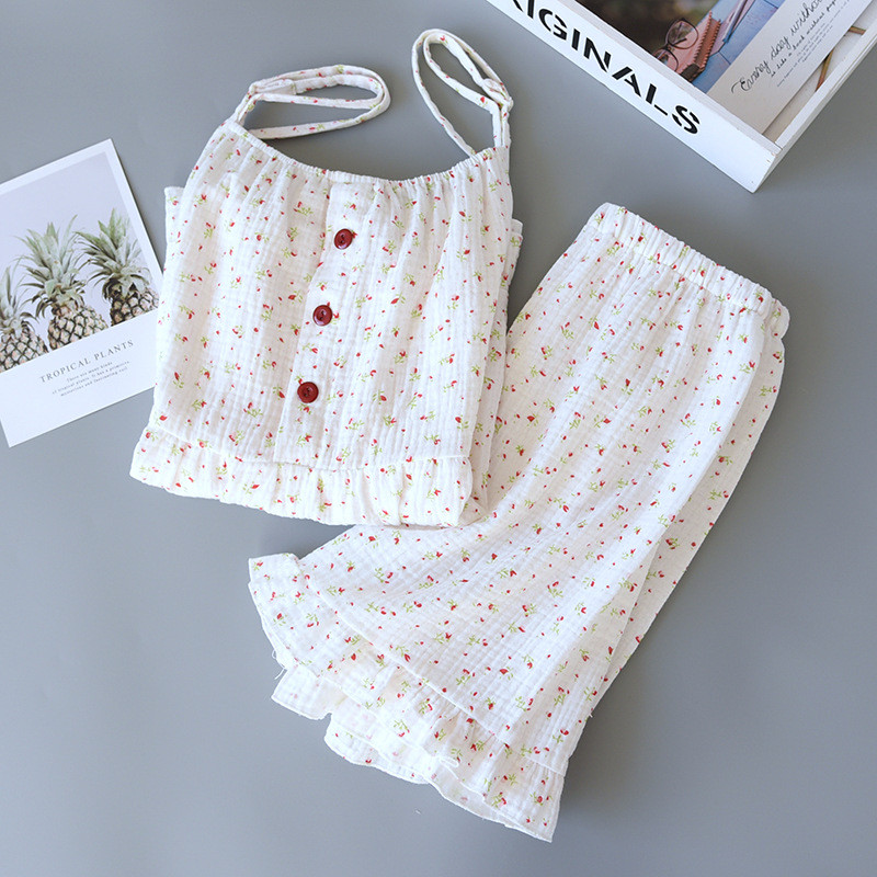 Fdfklak Set de pijamale de lenjerie sexy din bumbac din tifon 2 piese Pijamale de vară fără mâneci Topuri și pantaloni scurți Costum de pijama