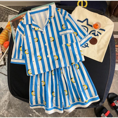 Ρίγες γυναικείες πιτζάμες μονόστηθος κοντομάνικο γυναικεία κοστούμια για το σπίτι με σορτς ελαστική μέση Καλοκαιρινή κινουμένων σχεδίων Sleepwear