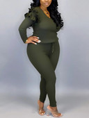 Dámske oblečenie LW Plus Size, jeseň/zima, elegantný hladký, ležérny, rebrovaný úplet, volánový dizajn s dlhým rukávom, dvojdielne nohavice