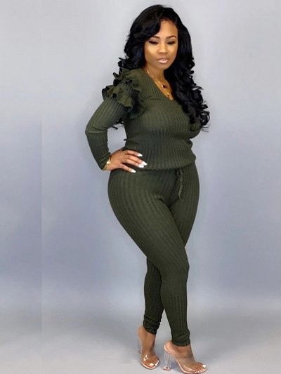 Dámske oblečenie LW Plus Size, jeseň/zima, elegantný hladký, ležérny, rebrovaný úplet, volánový dizajn s dlhým rukávom, dvojdielne nohavice