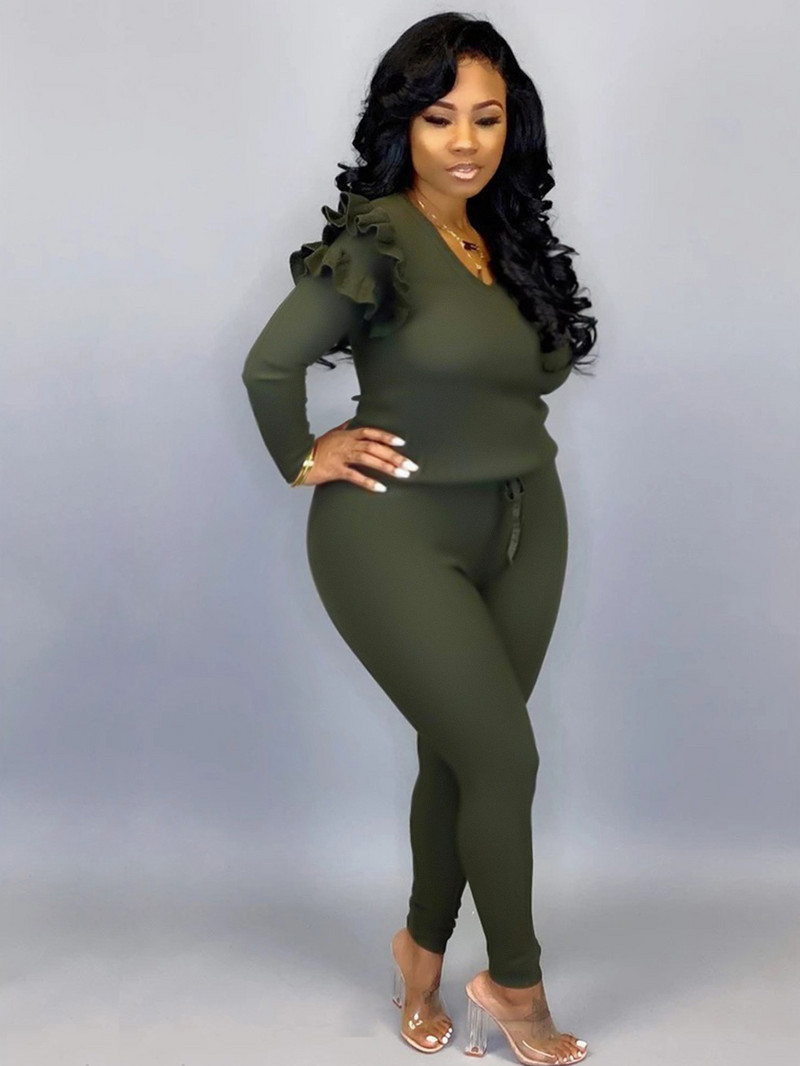 Dámske oblečenie LW Plus Size, jeseň/zima, elegantný hladký, ležérny, rebrovaný úplet, volánový dizajn s dlhým rukávom, dvojdielne nohavice