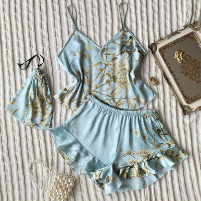 Dámske sexi pyžamá z ľadového hodvábu a saténu s volánmi, vintage listy, tielko, šortky na spanie, elegantná nočná košeľa, domáci oblek, pyžamo 2023