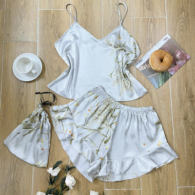 Dámske sexi pyžamá z ľadového hodvábu a saténu s volánmi, vintage listy, tielko, šortky na spanie, elegantná nočná košeľa, domáci oblek, pyžamo 2023