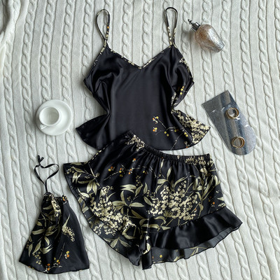 Dámske sexi pyžamá z ľadového hodvábu a saténu s volánmi, vintage listy, tielko, šortky na spanie, elegantná nočná košeľa, domáci oblek, pyžamo 2023