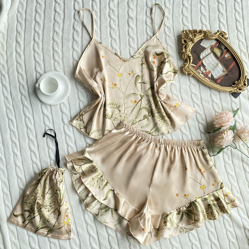 Dámske sexi pyžamá z ľadového hodvábu a saténu s volánmi, vintage listy, tielko, šortky na spanie, elegantná nočná košeľa, domáci oblek, pyžamo 2023