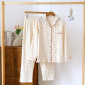 Set de pijamale din crepon de bumbac de primăvară pentru femei, toate anotimpurile, guler răsucit, bumbac mic, floral, drăguț, dulci, pentru uz casnic