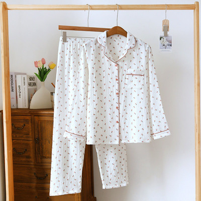 Set de pijamale din crepon de bumbac de primăvară pentru femei, toate anotimpurile, guler răsucit, bumbac mic, floral, drăguț, dulci, pentru uz casnic