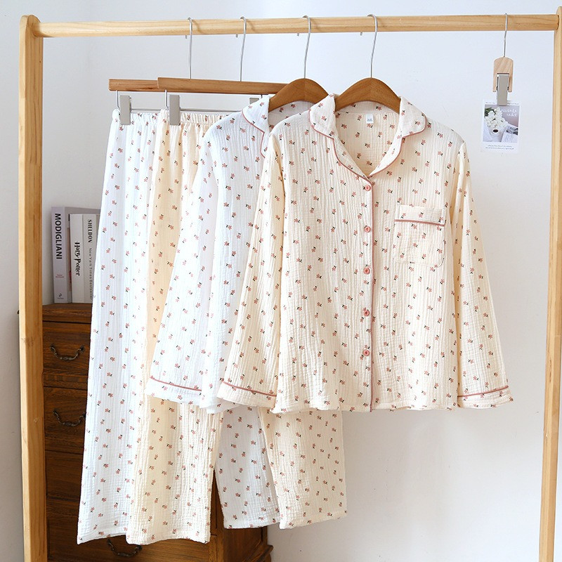Set de pijamale din crepon de bumbac de primăvară pentru femei, toate anotimpurile, guler răsucit, bumbac mic, floral, drăguț, dulci, pentru uz casnic