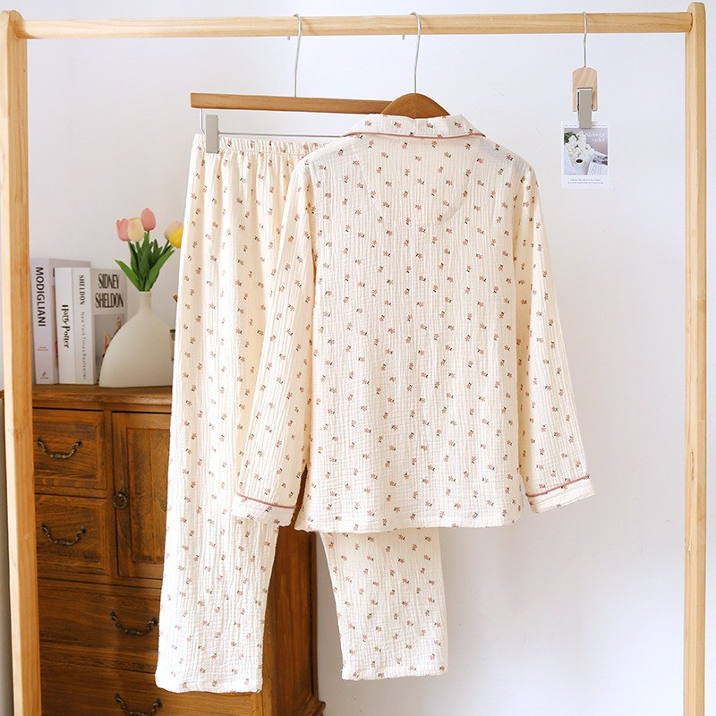 Set de pijamale din crepon de bumbac de primăvară pentru femei, toate anotimpurile, guler răsucit, bumbac mic, floral, drăguț, dulci, pentru uz casnic