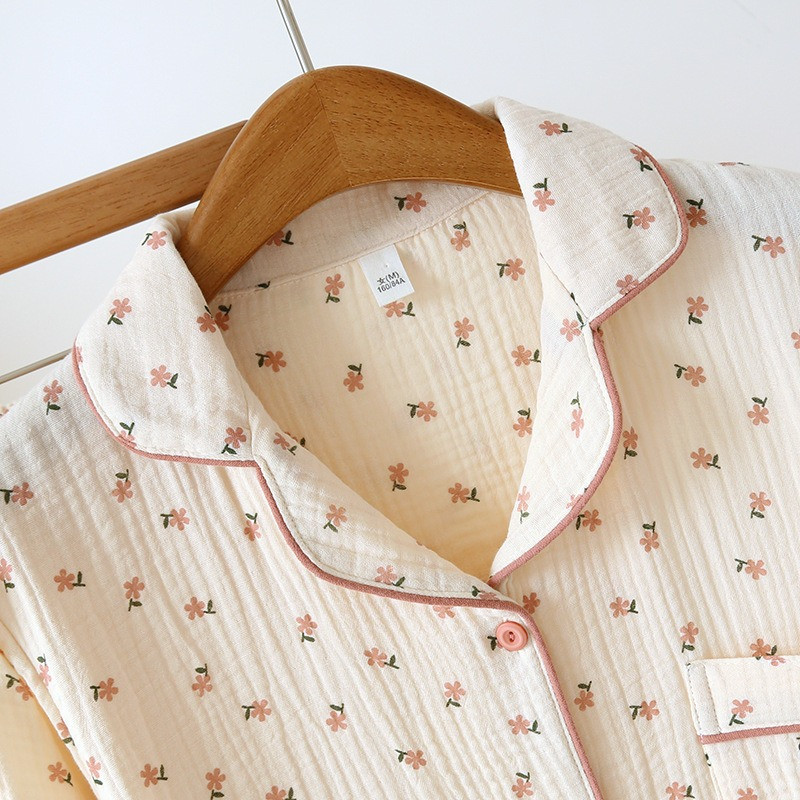 Set de pijamale din crepon de bumbac de primăvară pentru femei, toate anotimpurile, guler răsucit, bumbac mic, floral, drăguț, dulci, pentru uz casnic