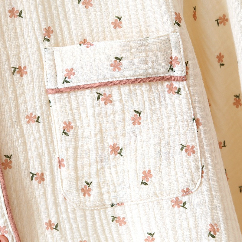 Set de pijamale din crepon de bumbac de primăvară pentru femei, toate anotimpurile, guler răsucit, bumbac mic, floral, drăguț, dulci, pentru uz casnic