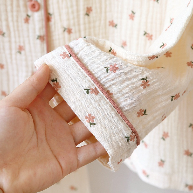 Set de pijamale din crepon de bumbac de primăvară pentru femei, toate anotimpurile, guler răsucit, bumbac mic, floral, drăguț, dulci, pentru uz casnic