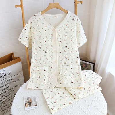 Ανοιξιάτικο και Φθινόπωρο Νέο Γυναικείο Σετ λουλουδένιο πιτζάμες με λαιμόκοψη με μακρυμάνικο παντελόνι 100% βαμβακερό κρεπ μεγάλο μέγεθος Γλυκό και χαριτωμένο σετ ρούχων για το σπίτι