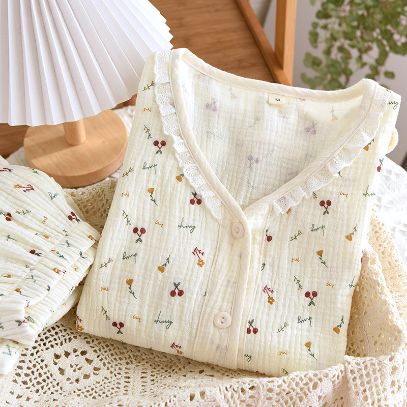 Ανοιξιάτικο και Φθινόπωρο Νέο Γυναικείο Σετ λουλουδένιο πιτζάμες με λαιμόκοψη με μακρυμάνικο παντελόνι 100% βαμβακερό κρεπ μεγάλο μέγεθος Γλυκό και χαριτωμένο σετ ρούχων για το σπίτι