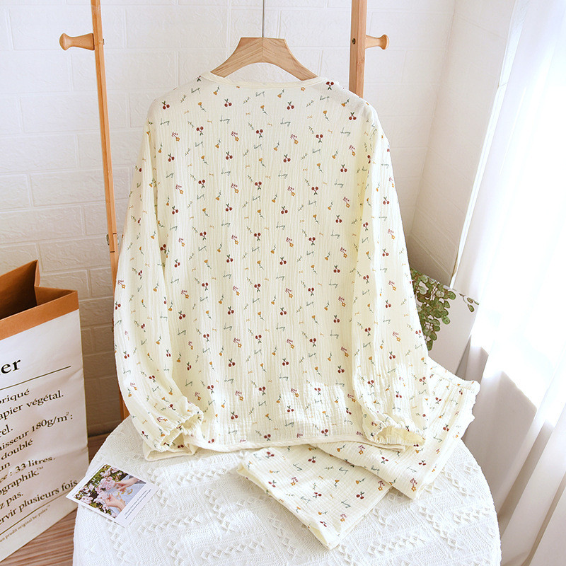 Ανοιξιάτικο και Φθινόπωρο Νέο Γυναικείο Σετ λουλουδένιο πιτζάμες με λαιμόκοψη με μακρυμάνικο παντελόνι 100% βαμβακερό κρεπ μεγάλο μέγεθος Γλυκό και χαριτωμένο σετ ρούχων για το σπίτι