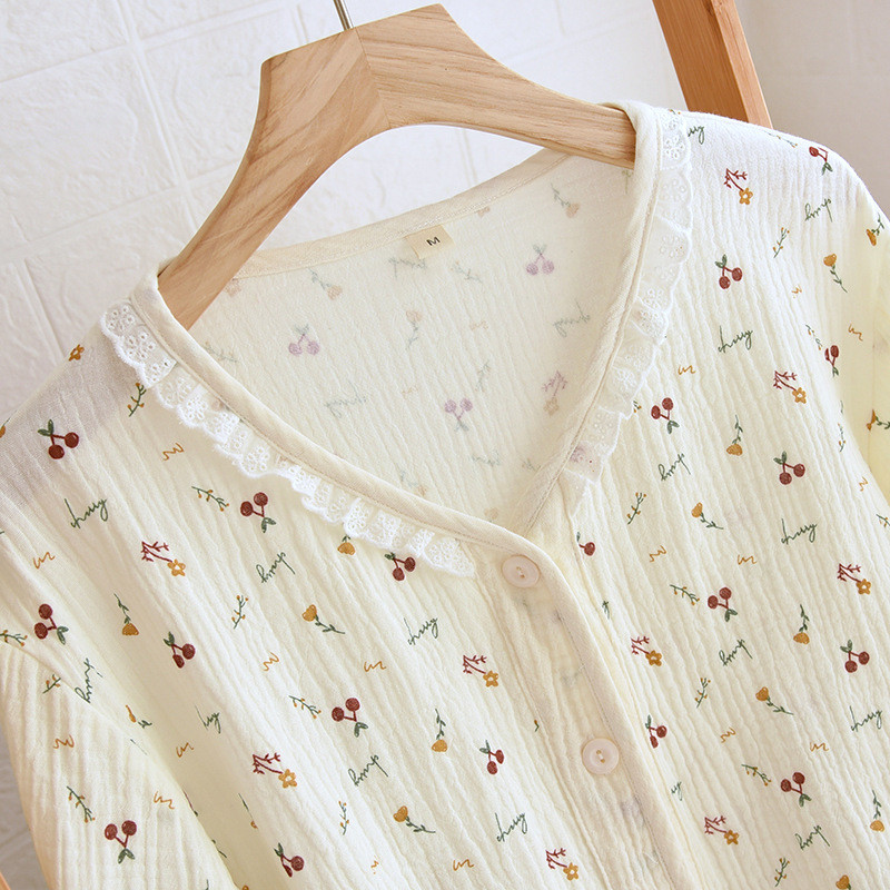 Ανοιξιάτικο και Φθινόπωρο Νέο Γυναικείο Σετ λουλουδένιο πιτζάμες με λαιμόκοψη με μακρυμάνικο παντελόνι 100% βαμβακερό κρεπ μεγάλο μέγεθος Γλυκό και χαριτωμένο σετ ρούχων για το σπίτι