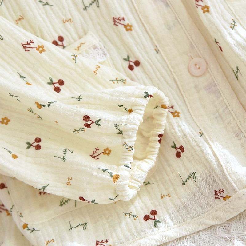 Ανοιξιάτικο και Φθινόπωρο Νέο Γυναικείο Σετ λουλουδένιο πιτζάμες με λαιμόκοψη με μακρυμάνικο παντελόνι 100% βαμβακερό κρεπ μεγάλο μέγεθος Γλυκό και χαριτωμένο σετ ρούχων για το σπίτι