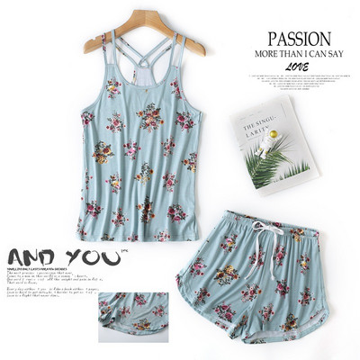 Molett puha modális szexi rövidnadrág pizsama szettek női pizsama koreai divat virág Nyomtatott spagetti pántok női hálóruha