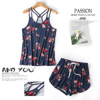 Molett puha modális szexi rövidnadrág pizsama szettek női pizsama koreai divat virág Nyomtatott spagetti pántok női hálóruha