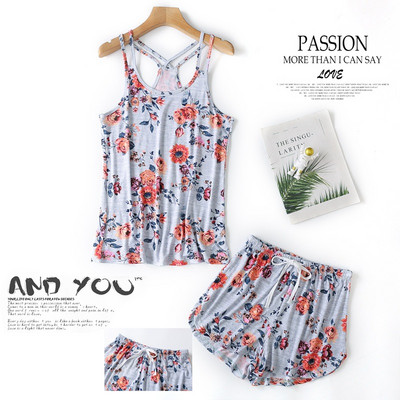 Molett puha modális szexi rövidnadrág pizsama szettek női pizsama koreai divat virág Nyomtatott spagetti pántok női hálóruha