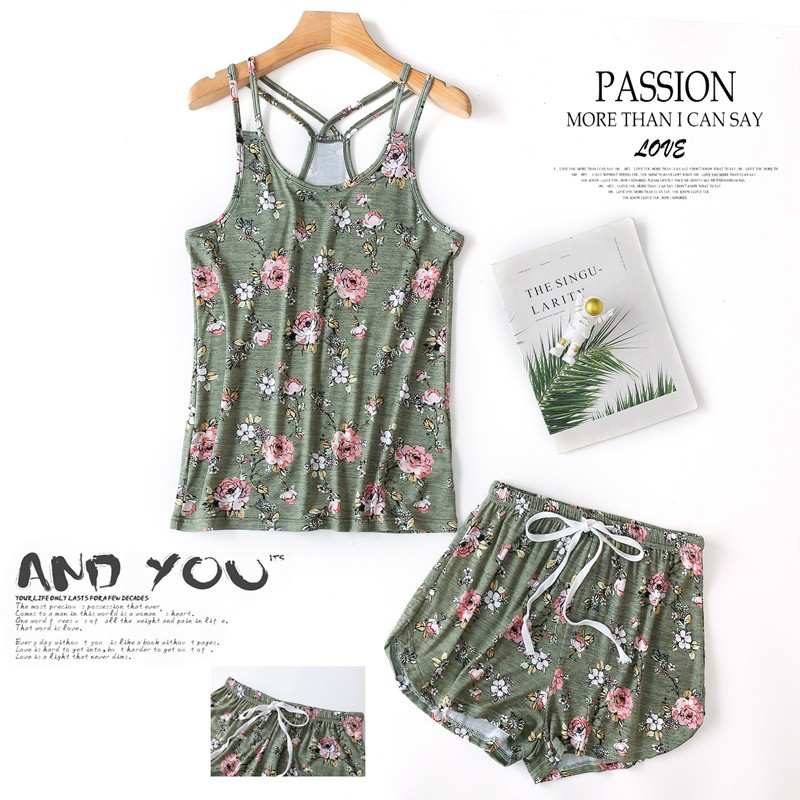 Molett puha modális szexi rövidnadrág pizsama szettek női pizsama koreai divat virág Nyomtatott spagetti pántok női hálóruha